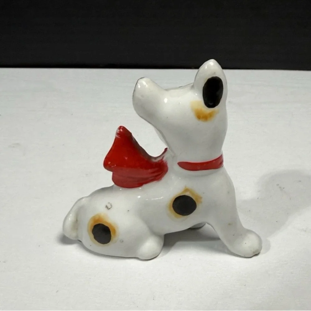 Vintage Tall Black and White Puppy Dog Red Scarf Ceramic Figurine Japan 3